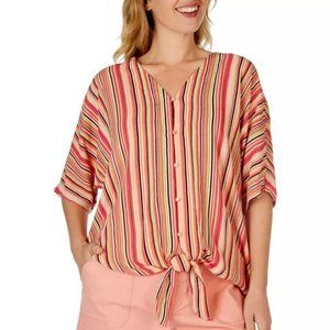 NEW Seven7 Size M Pink Multi Striped Tie Front Top Blouse Short Sleeve
